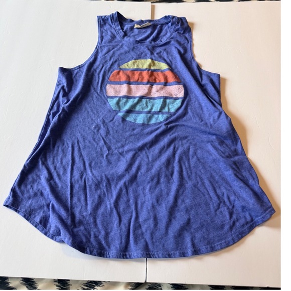 78&Sunny Tops - 78&Sunny Womens Blue Distressed Striped Sun Graphic Tank Top XL Sleeveless